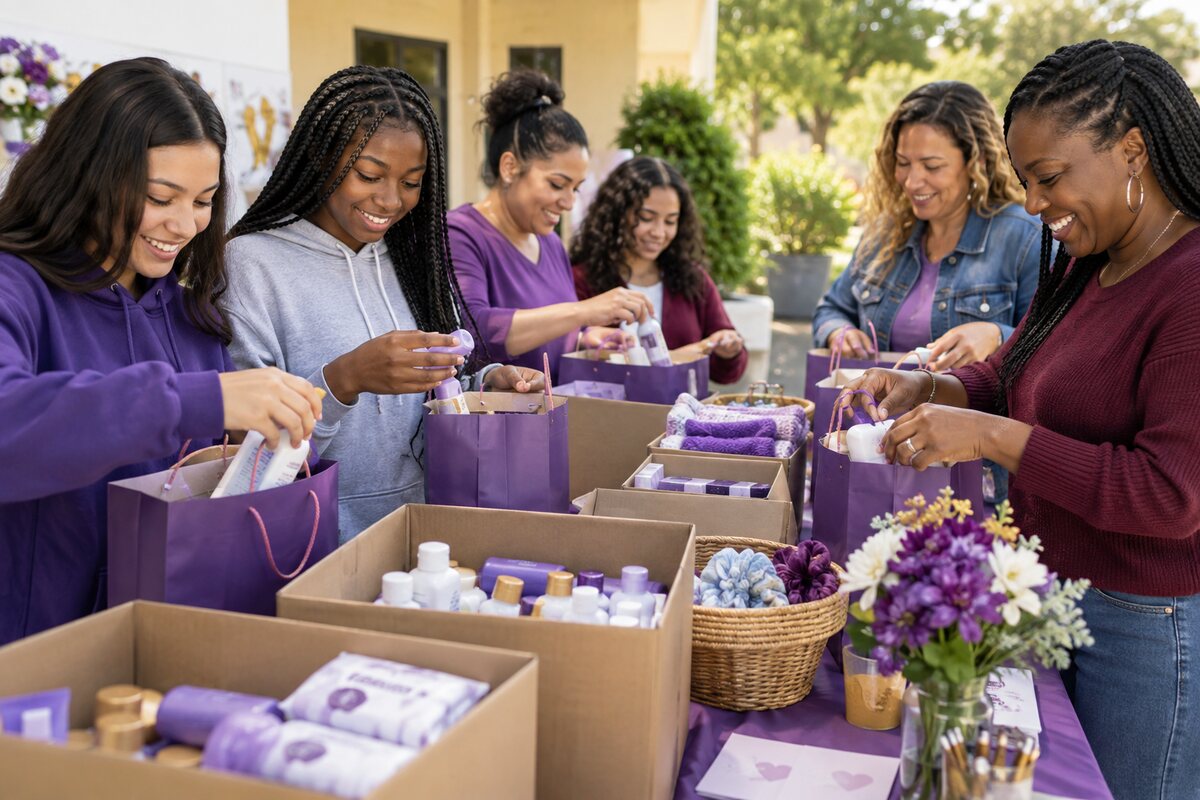 Teen girls and women volunteers assembling hygiene care packages