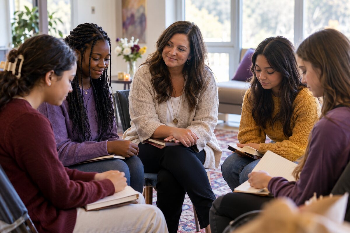 Teen girls reflecting in journals with a woman mentor