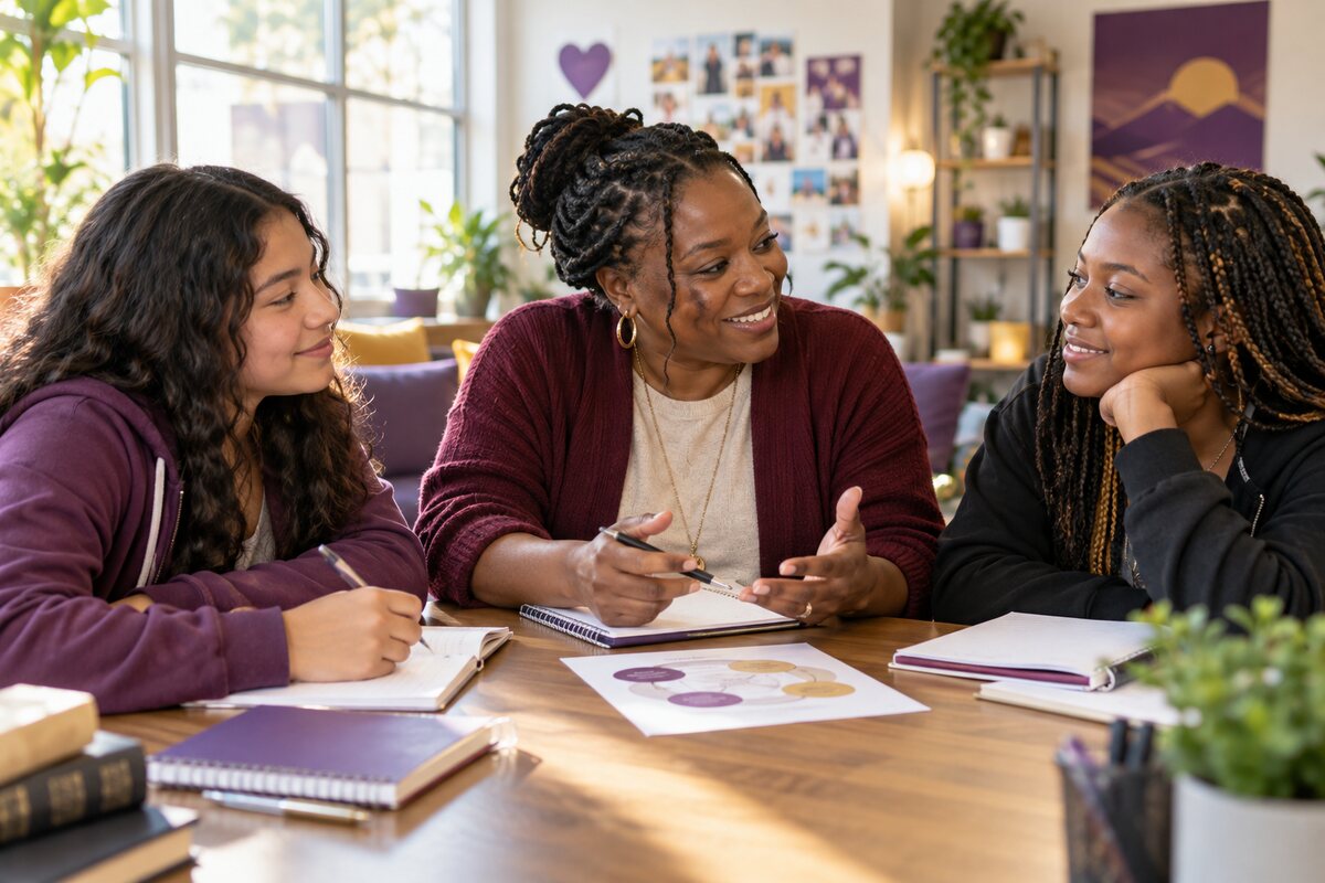 A woman mentor helping two teenage girls plan their goals